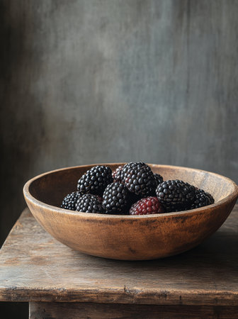 A wooden bowl filled with fresh black grapes sits on a rustic table, accentuating the rich color of the grapes against a dark backdrop, creating a simple yet elegant display.の素材