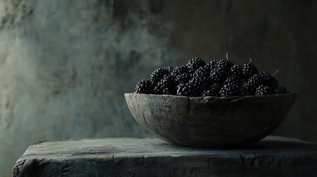 A rustic wooden bowl filled with fresh blackberries sits on a weathered table against a muted background. The natural lighting enhances the rich colors of the fruit.の素材