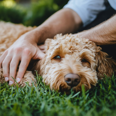 A person relaxes on the grass while gently stroking a dog with a fluffy coat. Both share a moment of affection in a vibrant park filled with sunlight, emphasizing the bond of companionship.の素材