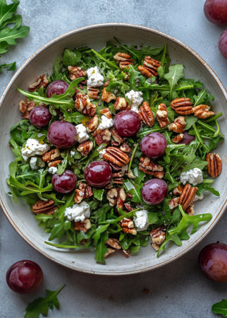 A fresh salad featuring vibrant arugula mixed with juicy grapes, crunchy pecans, and tangy cheese, displayed beautifully in a rustic bowl. Ideal for a healthy meal or side dish.の素材