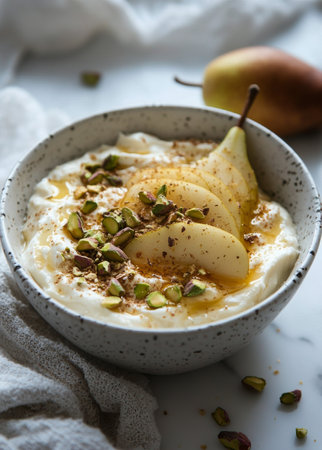 Creamy yogurt is artistically arranged in a bowl, topped with fresh pear slices and chopped pistachios. This nutritious snack is ideal for a light breakfast or dessert.の素材