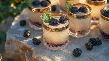 Three vibrant blackberry cocktails sit on a rocky surface, garnished with mint and surrounded by colorful flowers as the sunset casts a warm glow over the scene.の素材