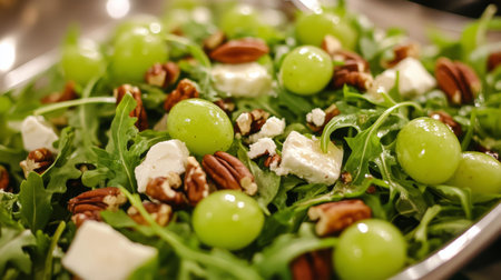 A vibrant display of fresh green grapes paired with crunchy pecans and a hint of foliage creates an appealing snack arrangement. Perfect for a healthy lifestyle.の素材