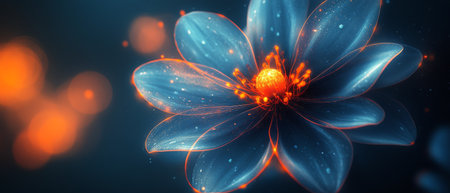 A luminous flower blooms with soft, glowing petals in shades of orange and blue, creating a tranquil ambiance in a dark setting. The vibrant colors enhance its beauty and elegance.の素材