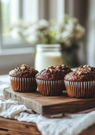 A charming tabletop arrangement featuring an assortment of freshly baked muffins on a wooden stand. Nearby, there are delicate flowers and a glass bottle of milk, enhancing the cozy atmosphere.の素材