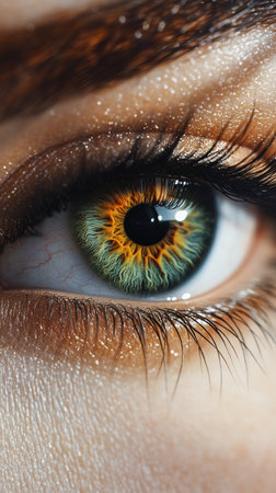 A captivating close-up reveals a human eye with striking colors and detailed patterns. The iris displays shades of green and orange, surrounded by long, dark eyelashes.の素材
