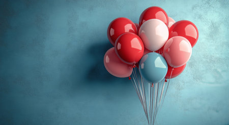Five vibrant balloons in shades of red, blue, and white are arranged together against a soft blue wall, creating a cheerful and festive atmosphere perfect for celebrations.の素材