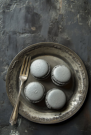 Three elegant black macarons are stacked on a vintage silver tray, accompanied by antique spoons. The dark background enhances their sophisticated look and appeal.の素材