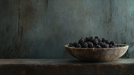 A rustic wooden bowl filled with fresh blackberries sits on a weathered table against a muted background. The natural lighting enhances the rich colors of the fruit.の素材