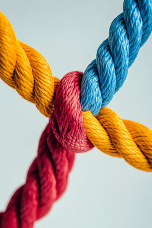 The thick twisted rope features vibrant red, blue, and yellow fibers intertwined tightly. The texture and colors create an eye-catching visual that highlights craftsmanship.の素材