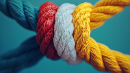 Brightly colored ropes in red, white, blue, and yellow twist together against a solid background. The textures of the ropes highlight the craftsmanship and design of the material.の素材