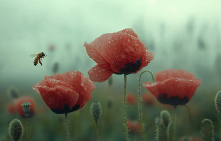 A cluster of vibrant red poppies rises above the lush green grass in a tranquil field. Wisps of clouds can be seen in the sky, creating a serene atmosphere.の素材