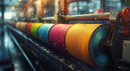 Vibrant spools of yarn in various colors line a rack in a textile workshop. The warm evening light creates a cozy atmosphere, highlighting the rich textures and hues of the yarn.の素材