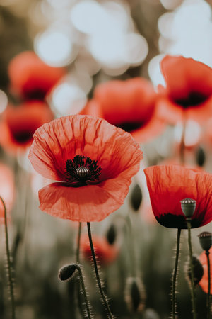 Delicate red poppies rise from a blurred background filled with light. The scene captures the beauty of nature during the golden hour, highlighting the flowers vibrant colors and intricate details.の素材