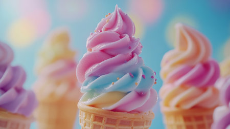 A variety of ice cream cones showcase swirling pastel colors in shades of pink, blue, and yellow on a bright background. Sprinkles add a fun touch to these delectable treats.の素材