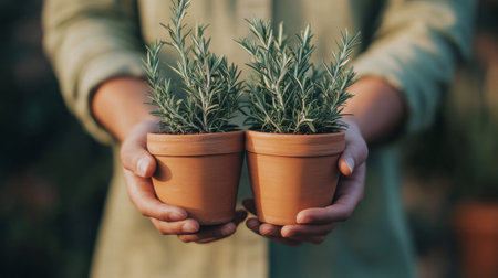 Two hands gently cradle two terracotta pots containing lush rosemary plants. The atmosphere is warm and inviting, showcasing a nurturing gardening spirit.の素材
