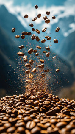 Coffee beans hover in mid-air, surrounded by a fine dust, above a scattered pile on a textured surface, creating an intriguing visual effect in low light.の素材