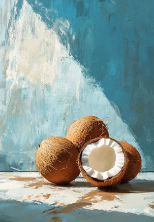 Four coconuts are artistically arranged on a marble surface, showcasing their rough outer husks. One coconut is sliced open, revealing its soft white interior against a soft blue backdrop.の素材