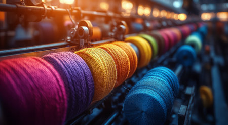 Vibrant spools of yarn in various colors line a rack in a textile workshop. The warm evening light creates a cozy atmosphere, highlighting the rich textures and hues of the yarn.の素材
