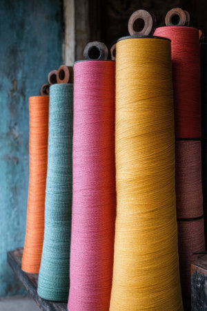 Close view of various spools of colored thread lined up in a textile factory. The vibrant hues highlight the intricate machinery used in fabric production, showcasing an important craft.の素材