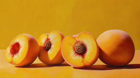 Juicy peaches are arranged against a bright yellow backdrop, highlighting their soft skin and rich color. The sliced peaches reveal their inviting texture and stone.の素材