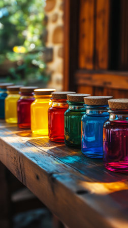 Various beautifully crafted pottery pieces in bright colors are arranged neatly on a wooden shelf at a lively market. The vibrant display showcases the unique artistry of local artisans.の素材