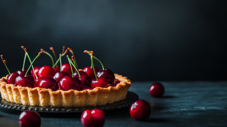 A delicious cherry tart is displayed on a dark surface, topped with vibrant, fresh cherries. The tart features a golden crust and is surrounded by scattered cherries.の素材