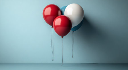 Five vibrant balloons in shades of red, blue, and white are arranged together against a soft blue wall, creating a cheerful and festive atmosphere perfect for celebrations.の素材