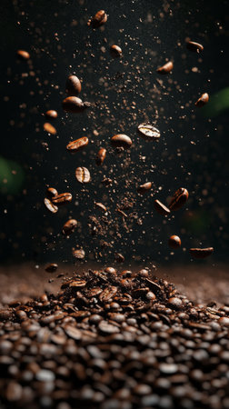 Coffee beans hover in mid-air, surrounded by a fine dust, above a scattered pile on a textured surface, creating an intriguing visual effect in low light.の素材