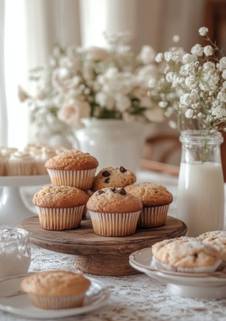 A charming tabletop arrangement featuring an assortment of freshly baked muffins on a wooden stand. Nearby, there are delicate flowers and a glass bottle of milk, enhancing the cozy atmosphere.の素材