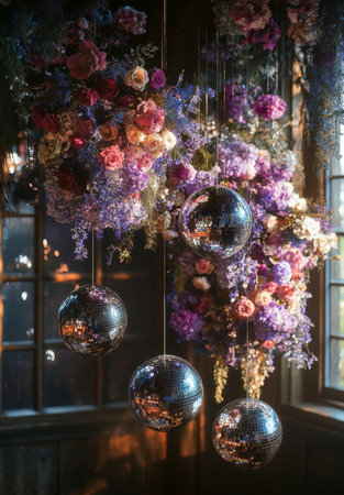 A creative decorative installation features delicate flowers suspended from the ceiling alongside shimmering mirrored spheres. Natural light streams through large windows, enhancing the aesthetic.の素材