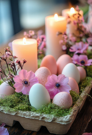 A beautiful spring display featuring pastel eggs in soft hues, surrounded by fresh flowers and lit candles. This festive arrangement is perfect for Easter festivities.の素材