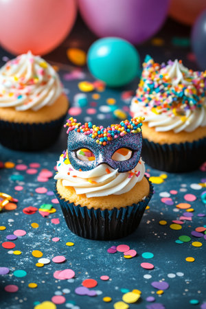 Delightful cupcakes topped with swirls of frosting and colorful sprinkles are arranged on a blue backdrop. Balloons and confetti add to the celebratory atmosphere.の素材
