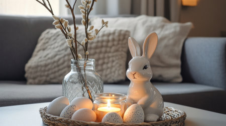 A charming spring decoration features a white bunny figurine alongside decorative eggs on a wooden tray. The cozy living room setting includes a lit candle and blooming branches.の素材