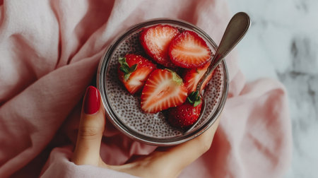 A person holds a glass jar filled with chia seed pudding, adorned with ripe strawberries. The setting features a soft, light-colored cloth, creating an inviting and healthy ambiance.の素材
