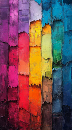 An abstract features composition bold, vibrant colors arranged in vertical stripes. Each color block showcases textured layers, creating a dynamic visual effect that captivates viewers.の素材