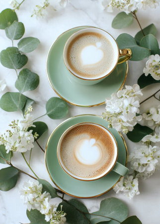 Two elegant coffee cups sit on saucers, each adorned with a heart-shaped foam design. They are placed among fresh flowers and eucalyptus leaves, creating a serene atmosphere.の素材