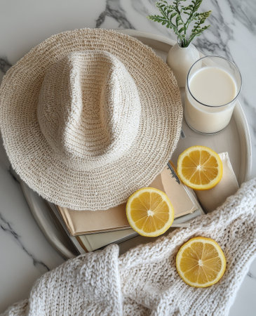 Soft knitted blanket surrounds a hat and a glass of milk with lemon slices on stacked books, creating a cozy atmosphere perfect for relaxation.の素材