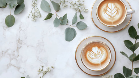 Two elegantly presented cups of coffee sit on a marble table, featuring beautiful latte art. The setting includes delicate greenery, creating a warm and inviting atmosphere.の素材