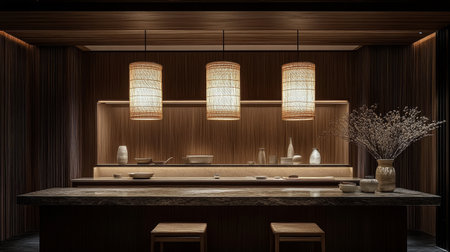 This contemporary kitchen showcases an elegant wooden design with three woven pendant lights illuminating a dark countertop. Cozy vase decor adds warmth to the space.の素材