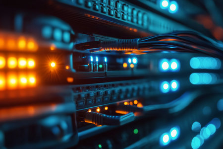 Multiple data servers are lined up in a darkened room, illuminated by vibrant blue and orange indicator lights. The setup showcases advanced technology in action, emphasizing connectivity and power.の素材