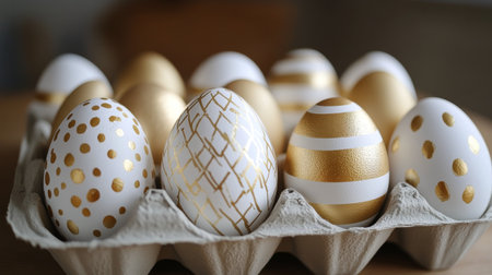 White eggs with golden patterns rest neatly in a cardboard carton, adding a touch of elegance for an upcoming spring celebration or holiday.の素材