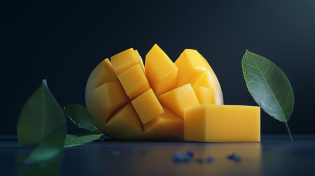 Bright yellow mango cubes are artistically arranged with fresh green leaves on a dark backdrop. The contrasting colors highlight the fruits sweetness and freshness, inviting a taste.の素材