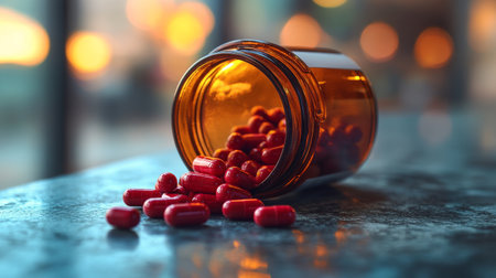 A glass jar tipped over reveals an array of colorful capsules scattered across a dark surface. The vivid reds, yellows, and blues contrast beautifully with the background.の素材