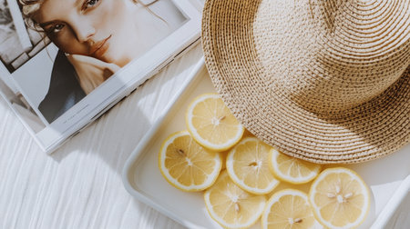 A straw hat rests beside a tray of lemon slices on a clean tabletop, accompanied by a fashion magazine. The setup exudes freshness and relaxation, perfect for a sunny day.の素材