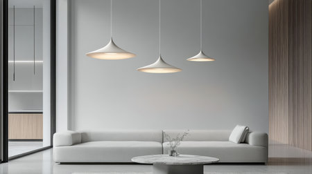 A spacious interior features an abstract wall design in muted tones, complemented by a sleek pendant light, creating a harmonious blend of art and simplicity in a contemporary setting.の素材