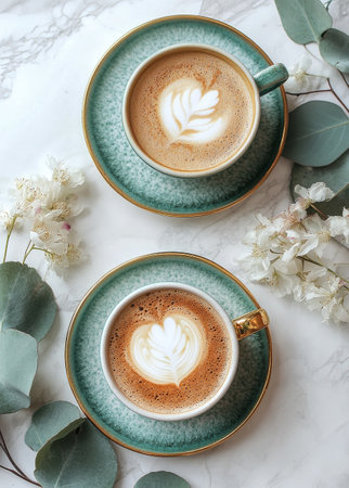 Two elegant coffee cups sit on saucers, each adorned with a heart-shaped foam design. They are placed among fresh flowers and eucalyptus leaves, creating a serene atmosphere.の素材