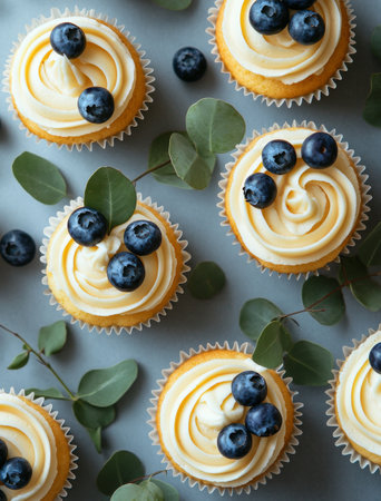 Delicious cupcakes sit on a decorative stand, each topped with creamy swirls and fresh blueberries. Green leaves enhance the aesthetic, creating a delightful sweet display.の素材