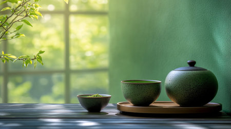 A calming indoor space features a green teapot and cup set on a wooden tray. A tall vase with fresh branches adds a natural touch beside a sunlit window.の素材