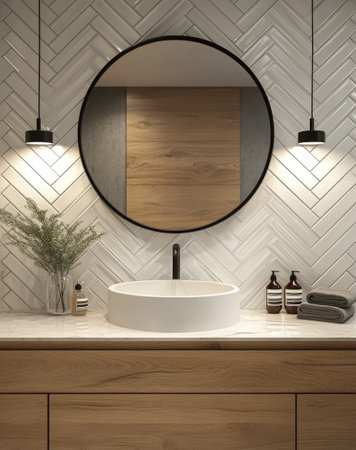 A contemporary bathroom showcases a round mirror above a white circular sink with elegant decor items. The herringbone-patterned wall adds texture and warmth to the space.の素材